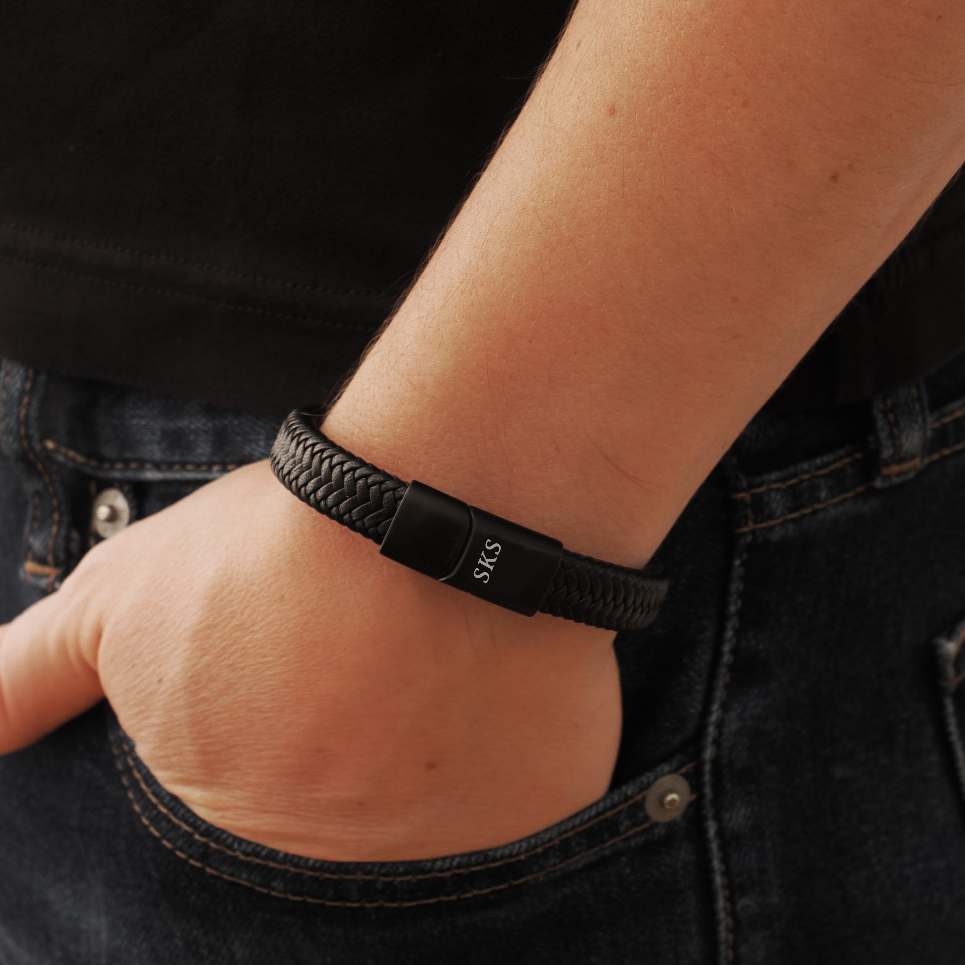 Braided Leather Wrap Bracelet with Engraving - Men's Jewellery